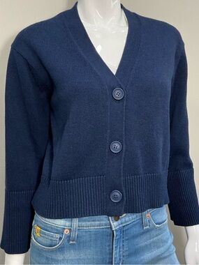 KINROSS Navy Blue Cropped V Neck Cardigan Bell Sleeve Knit Sweater XS